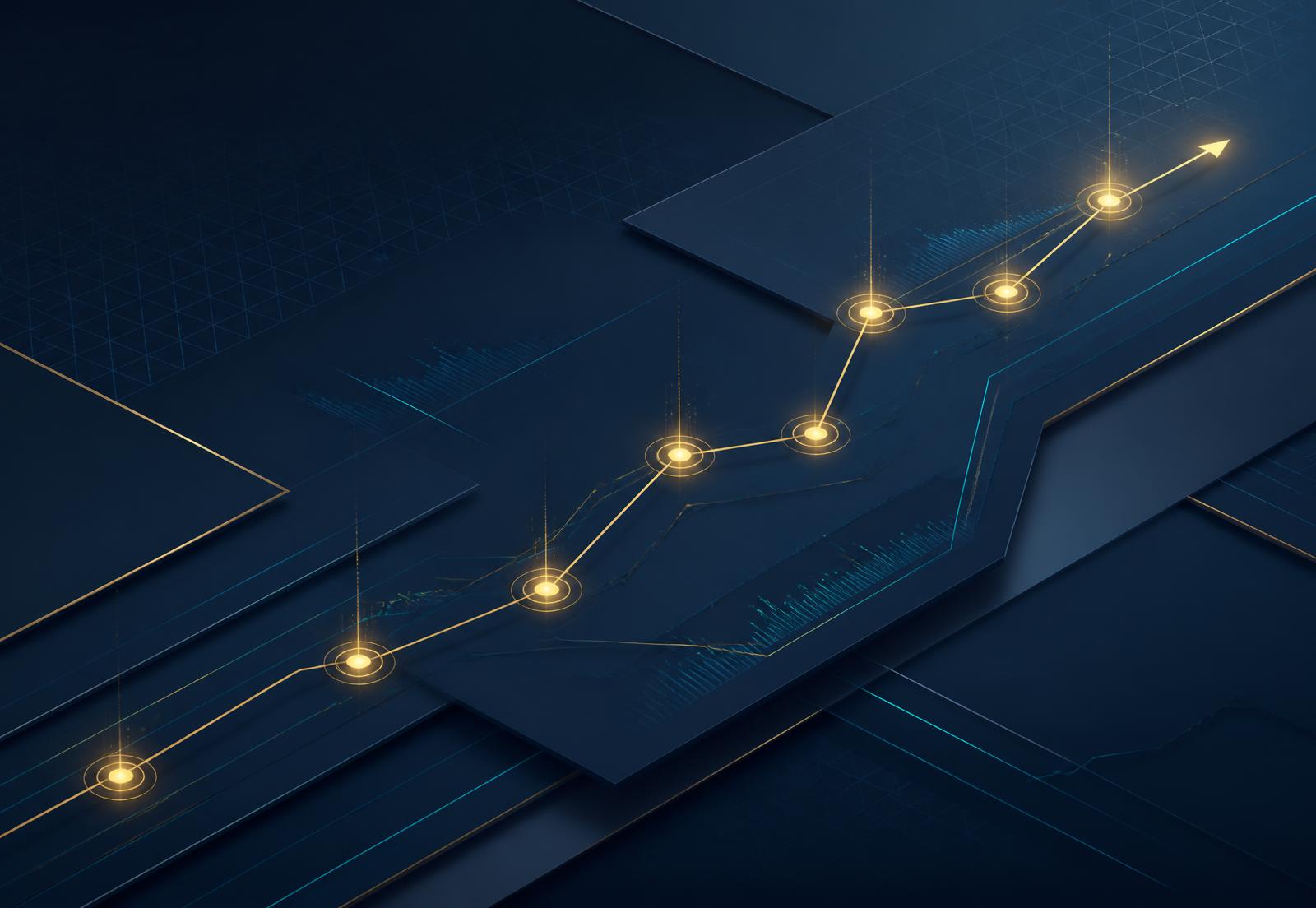 Abstract navy and gold graphic of a PMO career progression roadmap with milestone nodes